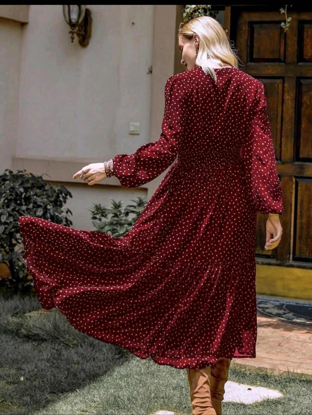 Women's Burgundy Long Sleeve Boho Maxi Dress - Picture 7 of 14
